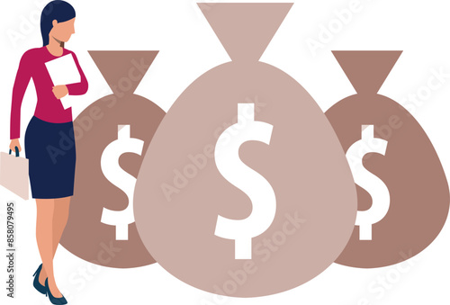 The girl is looking at the dollars bag.