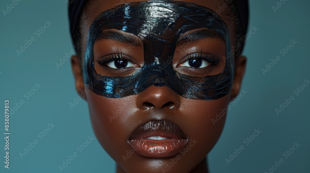 A detailed image focusing on a person wearing black headgear, precisely depicting the ear and headgear, set against a clean blue background with clear light. A detailed image focusing on a person wearing black headgear, precisely depicting the ear and headgear, set against a clean blue background with clear light.
