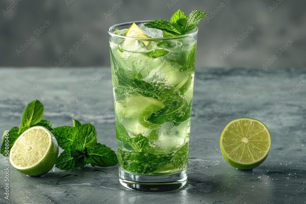 A refreshing mint mojito cocktail in a highball glass, with muddled mint leaves, lime juice, white rum, and soda water A refreshing mint mojito cocktail in a highball glass, with muddled mint leaves, lime juice, white rum, and soda water