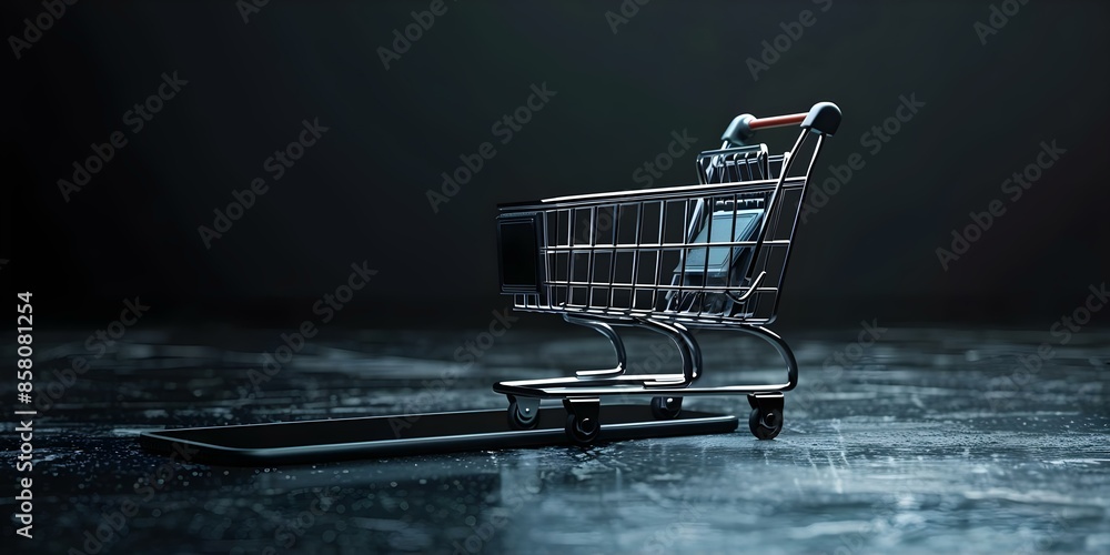 Fotografie Dark background with futuristic online payment shopping cart on smartphone screen