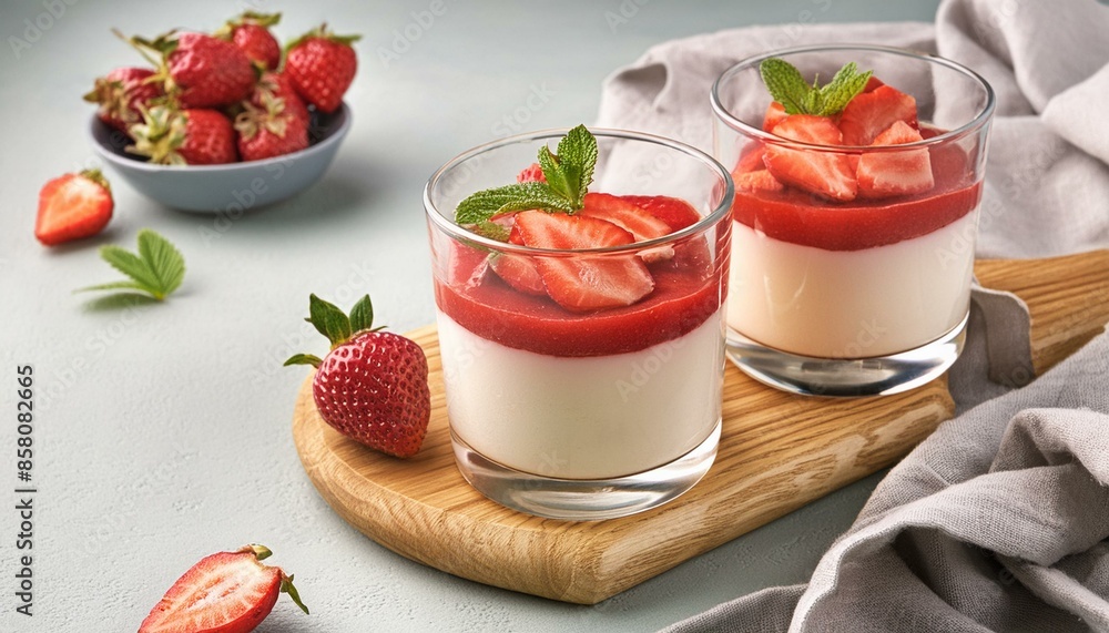 Cotta with strawberries and cream in glasses, served with fresh berries on a wooden board. Traditional Italian dessert. Cotta with strawberries and cream in glasses, served with fresh berries on a wooden board. Traditional Italian dessert.