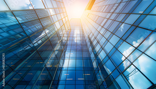 Modern glass skyscraper reflecting sky and sunlight  capturing the essence of urban architecture and corporate business environments.
