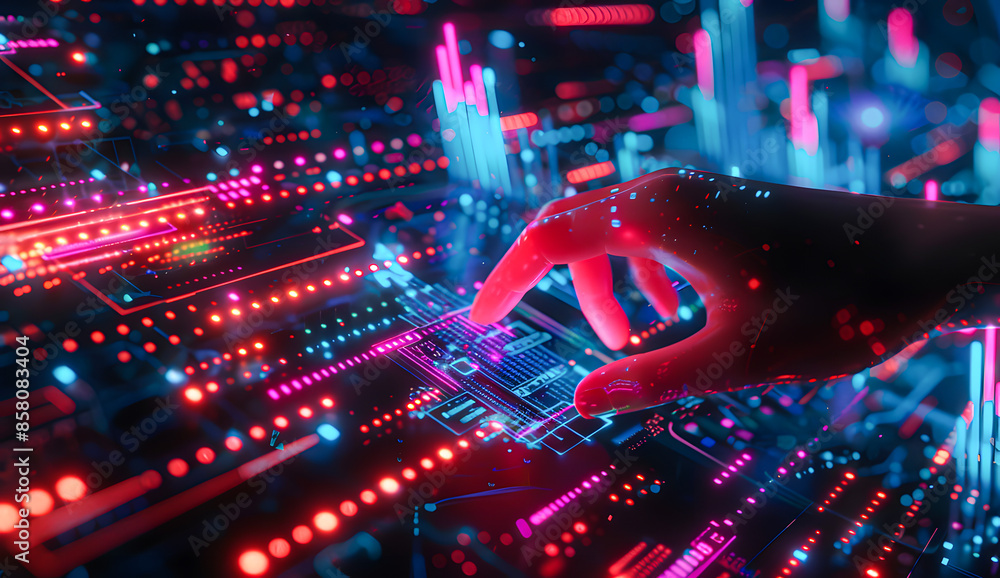 Futuristic hand interacting with illuminated circuit board, representing technology, innovation, and digital interface Futuristic hand interacting with illuminated circuit board, representing technology, innovation, and digital interface