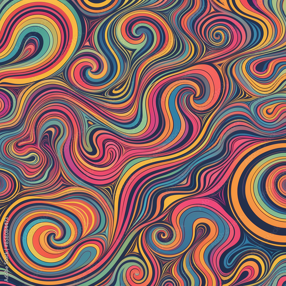 Vector illustration with psychedelic 1960s-inspired patterns: Swirling abstract designs in neon and pastel colors. Ideal for retro art and vintage-themed projects. Vector illustration with psychedelic 1960s-inspired patterns: Swirling abstract designs in neon and pastel colors. Ideal for retro art and vintage-themed projects.