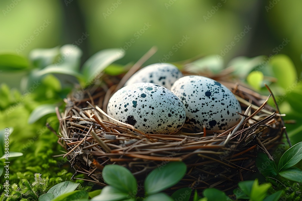 Speckled Bird Eggs in Nest on Green Foliage - Nature Photography for Spring, Easter, and Wildlife Themes Speckled Bird Eggs in Nest on Green Foliage - Nature Photography for Spring, Easter, and Wildlife Themes