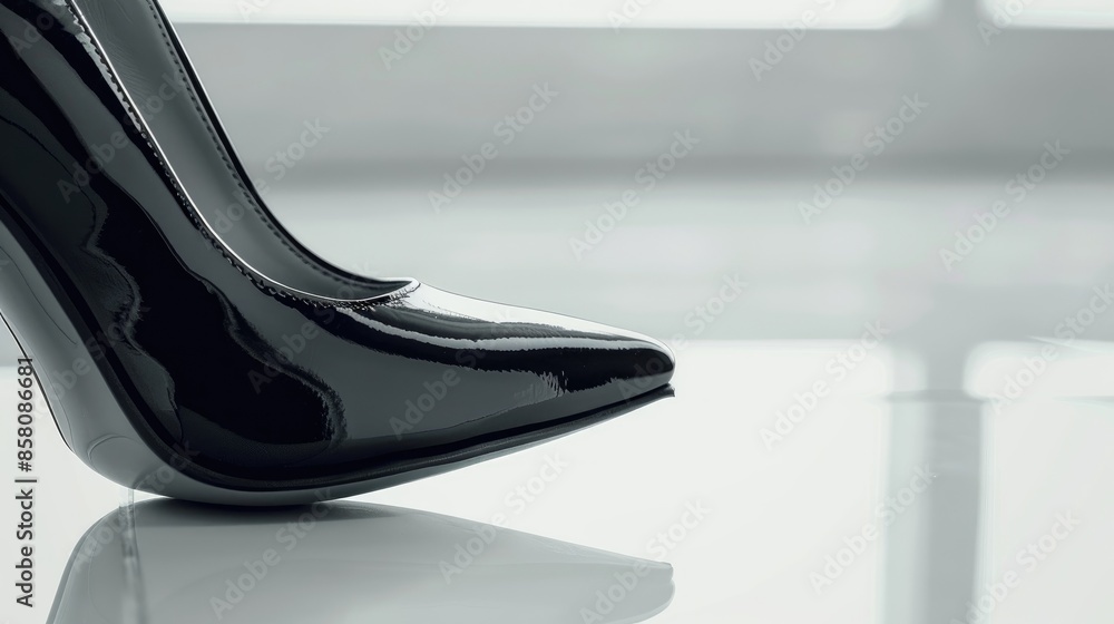 Close up of a sleek shiny black high heeled shoe on white background Close up of a sleek shiny black high heeled shoe on white background
