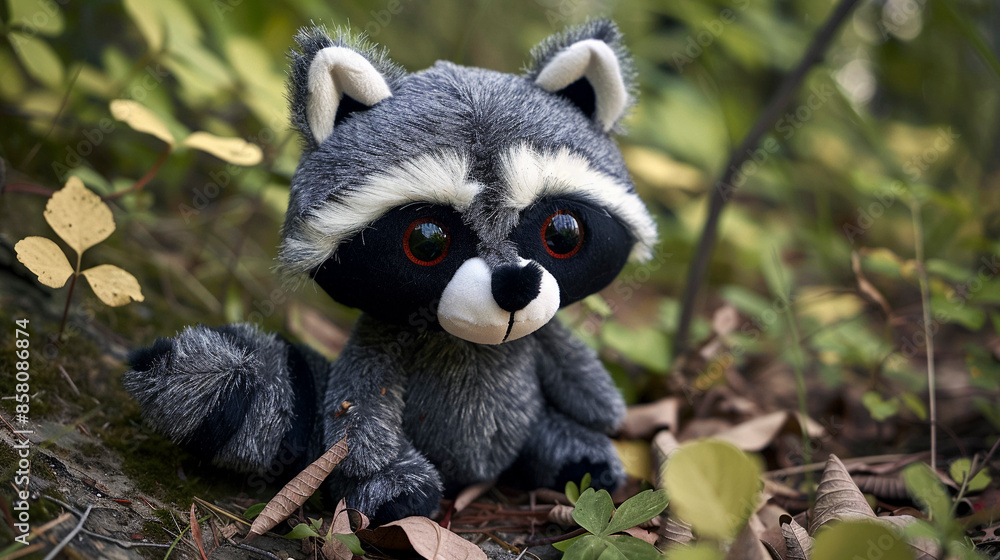 Funny and Cute Racoon Plush Toy in green forest setting, green blurred bokeh background Funny and Cute Racoon Plush Toy in green forest setting, green blurred bokeh background