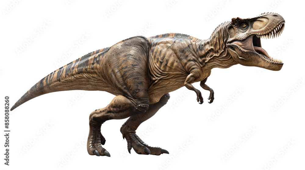 Fototapeta premium photograph of a photorealistic T-Rex standing on its hind legs, roaring, against a transparent background