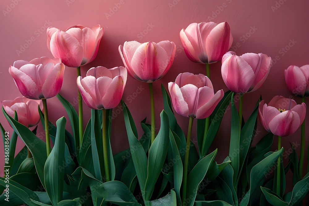 Elegant Pink Tulips Blooms Against Soft Coral Wall - Perfect for Posters and Print Designs Elegant Pink Tulips Blooms Against Soft Coral Wall - Perfect for Posters and Print Designs