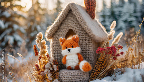 A cute  wool felted fox in front of a cozy fairytale knitted house	 photo