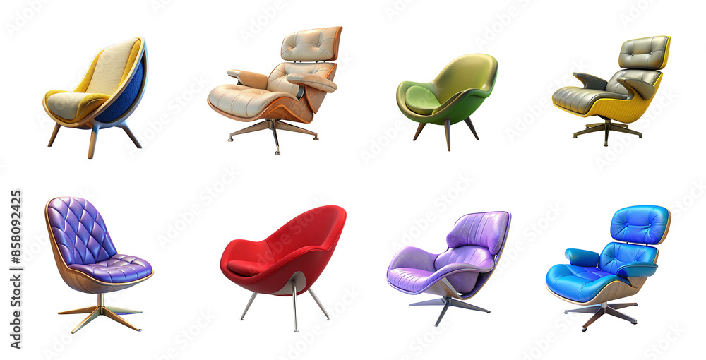 Fototapeta premium Various 3d designer chairs collection with different colors and styles, perfect for adding a touch of diversity and personality to any space.