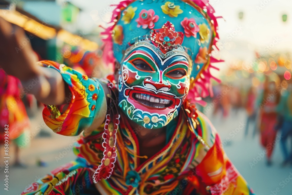 Vibrant Close-Up of Smiling Dancer in Colorful Mask and Costume at Carnival Parade Vibrant Close-Up of Smiling Dancer in Colorful Mask and Costume at Carnival Parade