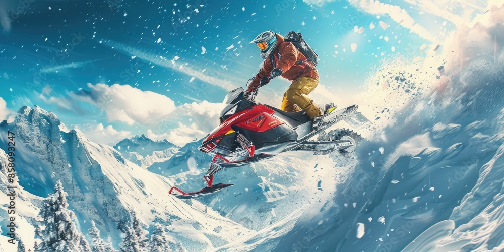 Stylized Snowmobile Rider on Snowy Slope Stylized Snowmobile Rider on Snowy Slope