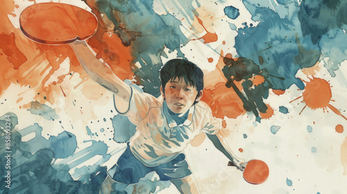 A watercolor illustration of a young man playing table tennis. He is in mid-swing, with his paddle raised high. The background is filled with colorful splatters of paint photo