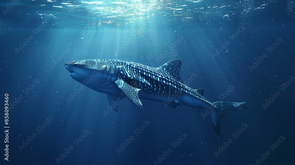 Naklejka premium majestic giant shark gracefully glides through deep blue sea, symbolizing oceans captivating wildlife