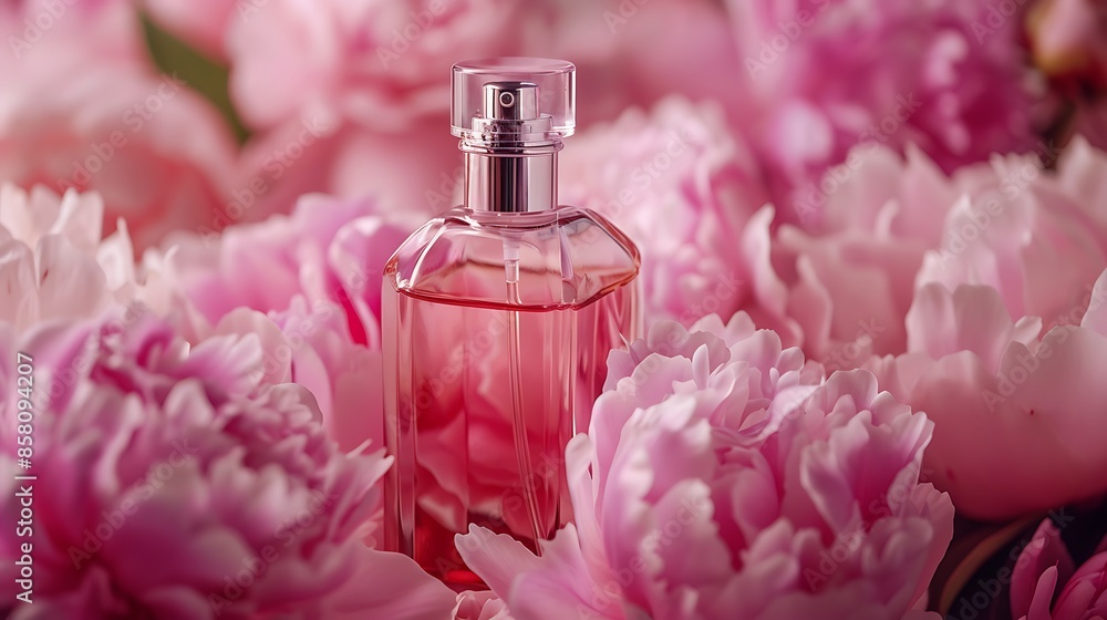 Glass bottle of fragrant eau de toilette against a background of pink peonies female perfume concept mock up close up Glass bottle of fragrant eau de toilette against a background of pink peonies female perfume concept mock up close up