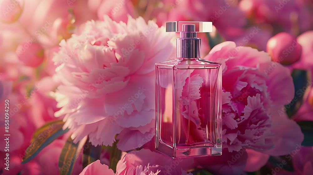 Glass bottle of fragrant eau de toilette against a background of pink peonies female perfume concept mock up close up Glass bottle of fragrant eau de toilette against a background of pink peonies female perfume concept mock up close up