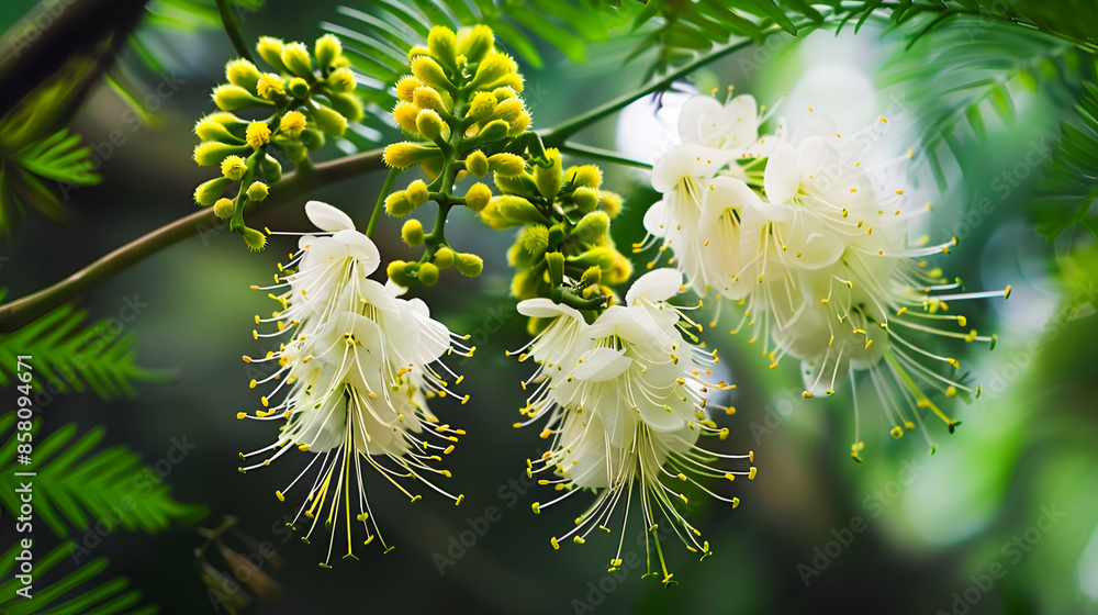 White flowers of Cal Creatures, white and yellow mimosa plants on the tree in the tropical rain forest background