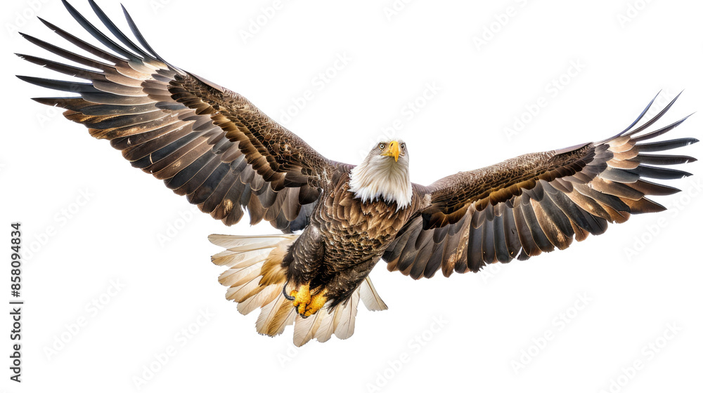 Fototapeta premium Photograph of a majestic eagle soaring through the sky, its wings outstretched, set on a transparent backdrop.