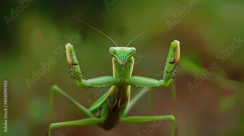 Green praying mantis in defensive stance