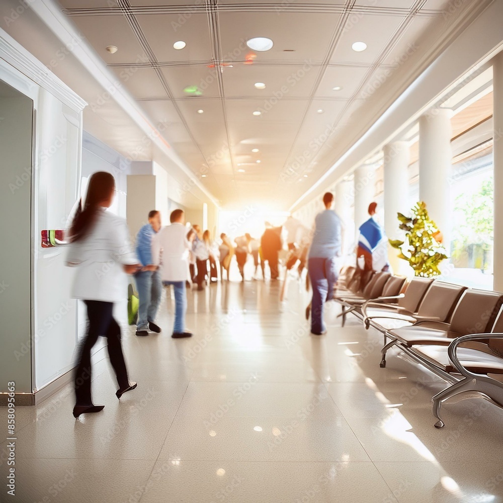 Fototapeta premium Hospital hallway, reception clinic. Unfocused background.