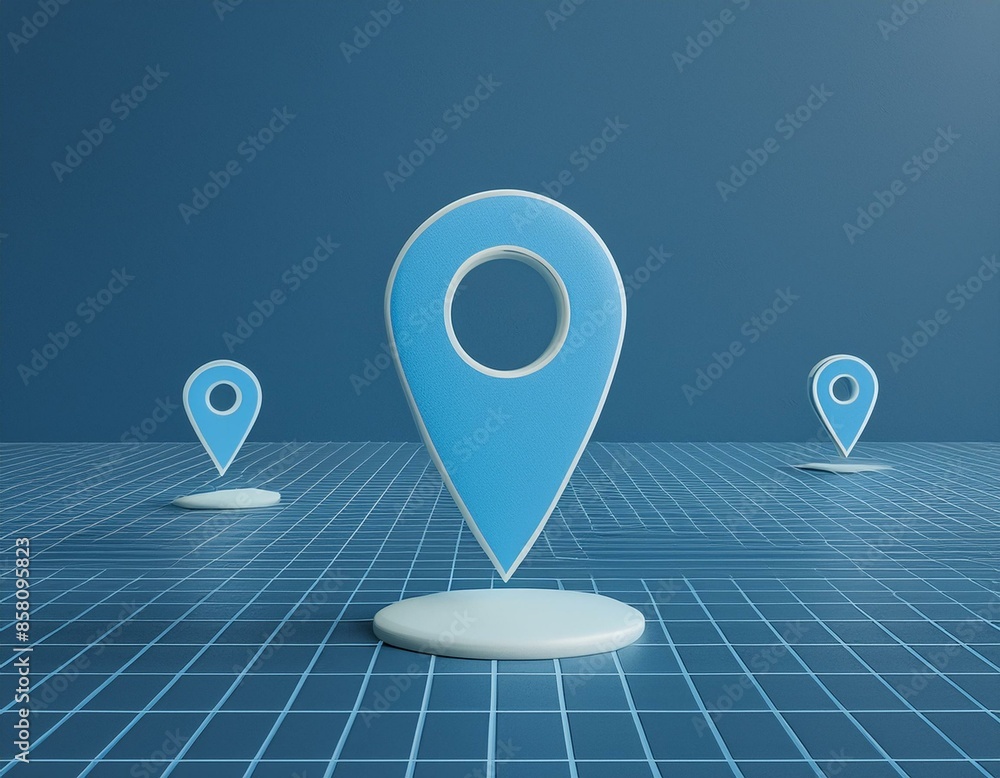 Locator mark of map and location pin or navigation icon sign on blue background with search concept. 3D rendering. Locator mark of map and location pin or navigation icon sign on blue background with search concept. 3D rendering.