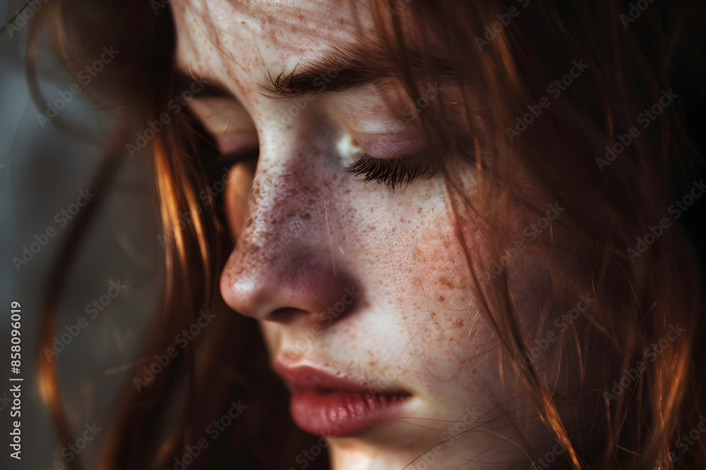 A woman looking down, tear-streaks visible on her cheeks.
A woman looking down, tear-streaks visible on her cheeks.