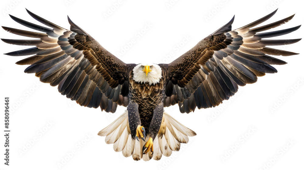 Fototapeta premium Photograph of a majestic bald eagle with its head held high, its wings outstretched, set on a transparent backdrop.