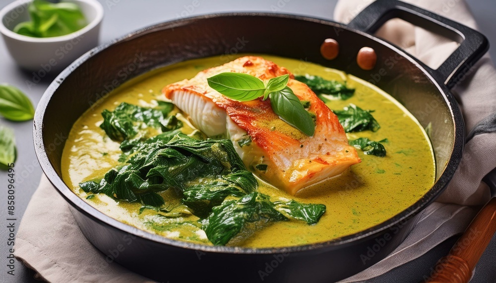 Red curry with spinach milk and baked fish in a pan. Red curry with spinach milk and baked fish in a pan.