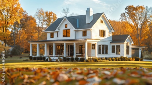 Modern farmhouse home exterior with white walls and roof shingles on top, sunny autumn day. Generative AI. photo