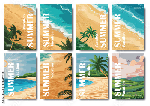 Summer holidays, vacation travel illustrations. Summer nature landscape poster, cover, card set with sea view, sunny beach, mountains, forest, lake, fields and typography design. Vector cover design.