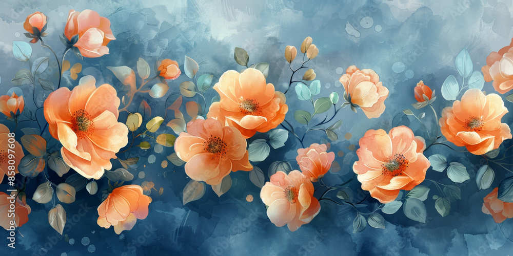 A painting of a bouquet of flowers with a blue background A painting of a bouquet of flowers with a blue background