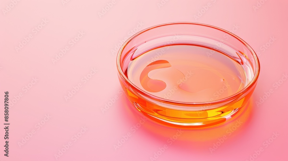 Orange liquid drop in petri dish on pink background Beauty health science Orange liquid drop in petri dish on pink background Beauty health science