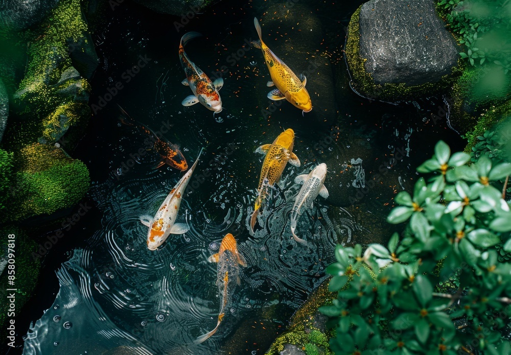Fototapeta premium Koi fishes swimming in a koi fishpond, scenic view, peaceful state, created with AI