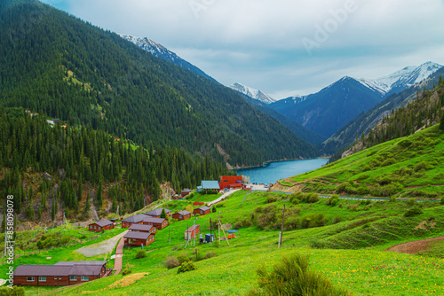 Alpine lake Kolsai in Kazakhstan. Beautiful mountain natural landscape.