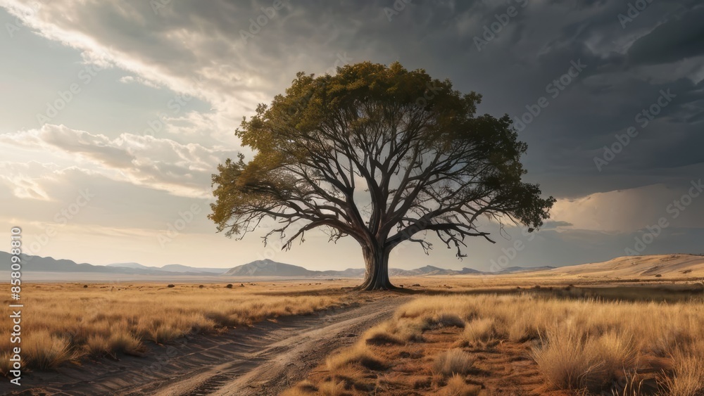 An artistic picture of a lone tree in the middle of a vast, empty landscape. The tree is placed off-center, under dramatic skies.