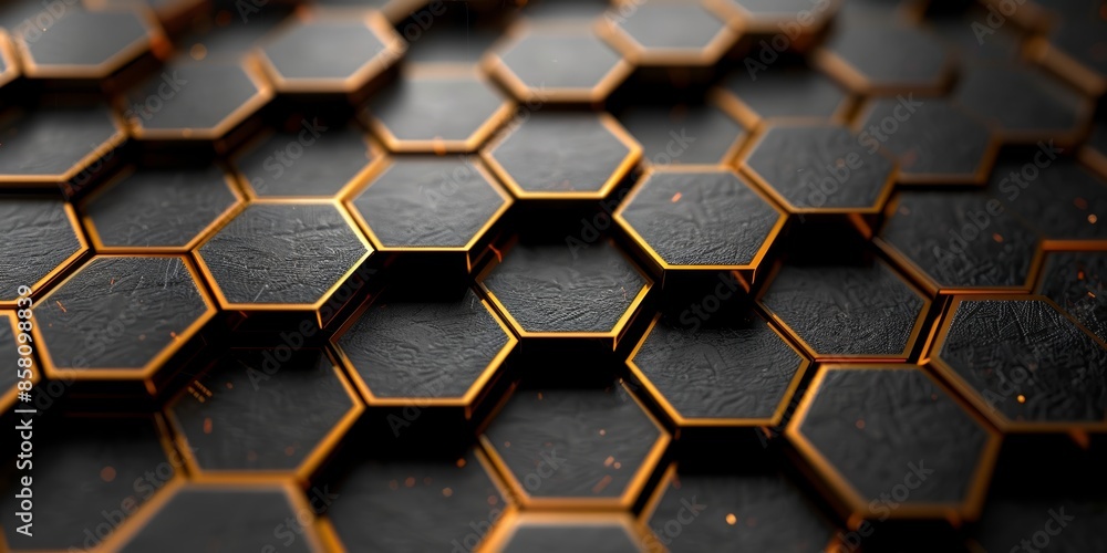 Black metal hexagonal background, golden light lines, luxury design, dark 3D geometric texture, bright grid pattern, pure black, high definition, elegant, modern aesthetic
