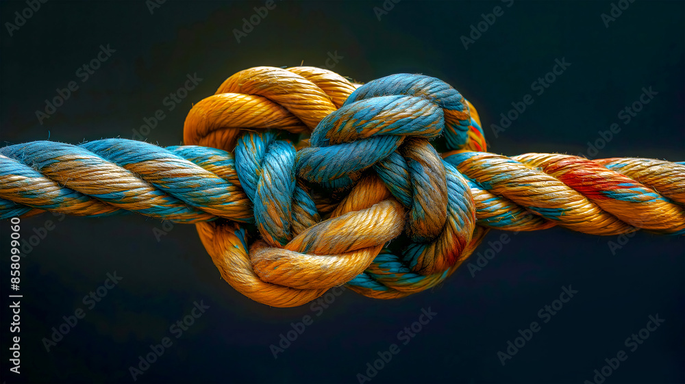 A thick multicolored rope, the strength of which differs in different sections, is stretched in different directions and tied in a knot. The concept of partnership, teamwork, unity and support. A thick multicolored rope, the strength of which differs in different sections, is stretched in different directions and tied in a knot. The concept of partnership, teamwork, unity and support.