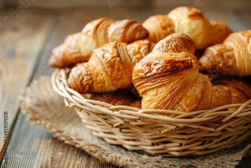 Wallpaper Mural Fresh croissants in a basket: delicious baked goods up close on a fuzzy light brown background Torontodigital.ca