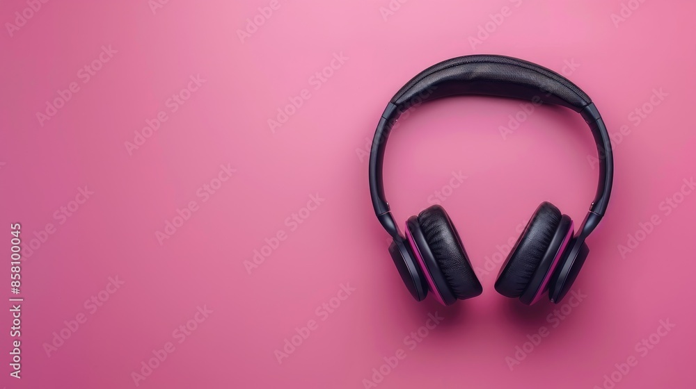 Black wireless headphones on pink background with text space Black wireless headphones on pink background with text space