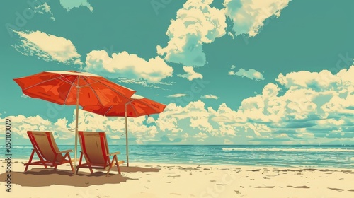 vintage beach scene, vintage beach chairs and umbrellas create a classic pop art summer scene on a sunny day with a retro vibe