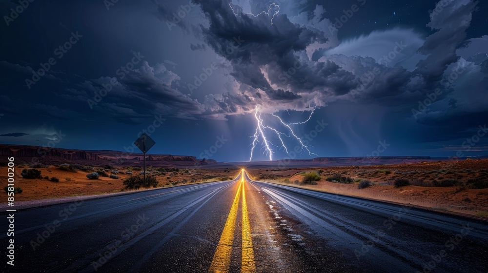 Photograph of an empty highway leading to a thunderstorm in the middle of a desolate desert near Moab, Utah, USA. Photograph of an empty highway leading to a thunderstorm in the middle of a desolate desert near Moab, Utah, USA.