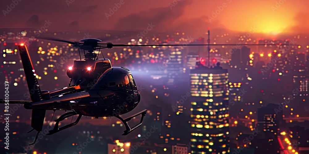 Obraz premium Cityscape with Helicopter Spotlight