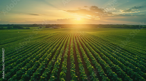 Wonderful landscape from a soy plantation, Aerial high view, early stage soy, higher field on background, spectacular clean blue sky above with sunrising. Generative AI.