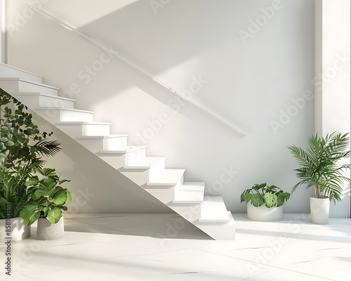 Minimalist empty living room, white stairs, green plants, contemporary design. 3D rendering.