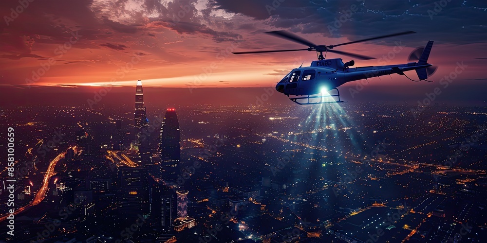 Naklejka premium Helicopter Night Patrol Over City