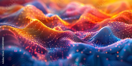 Abstract futuristic point wave, dynamic background, 3D rendering, connecting design, artificial intelligence, big data technology, high resolution, vibrant hues, intricate details © tanapat