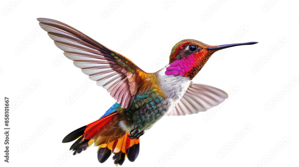 Photograph of a colorful hummingbird hovering in mid-air, its wings beating rapidly, against a transparent background. Photograph of a colorful hummingbird hovering in mid-air, its wings beating rapidly, against a transparent background.