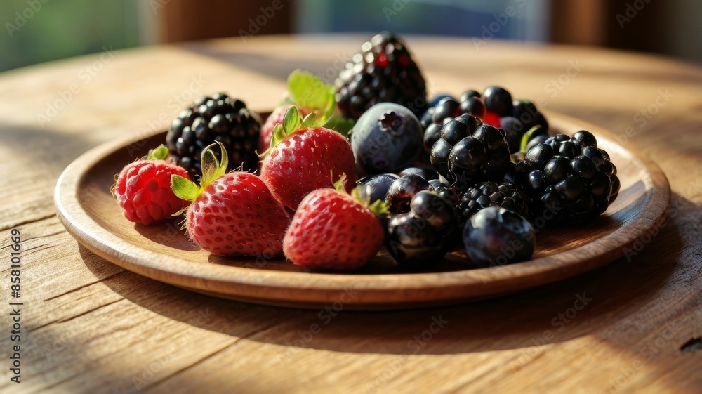 Berries on the wooden plate on the windowsill. Generative AI. Berries on the wooden plate on the windowsill. Generative AI.