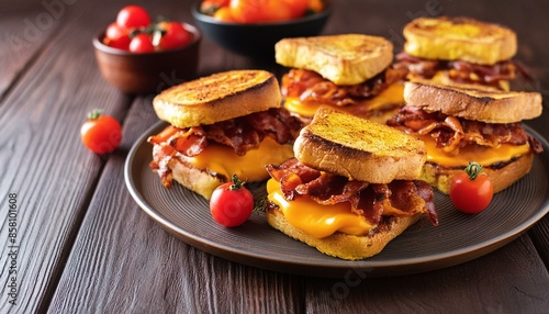 Kentucky Hot Brown Sandwich with ham, Mornay sauce, cheddar cheese, fried bacon and grilled cherry tomatoes on a dark wooden plate. photo